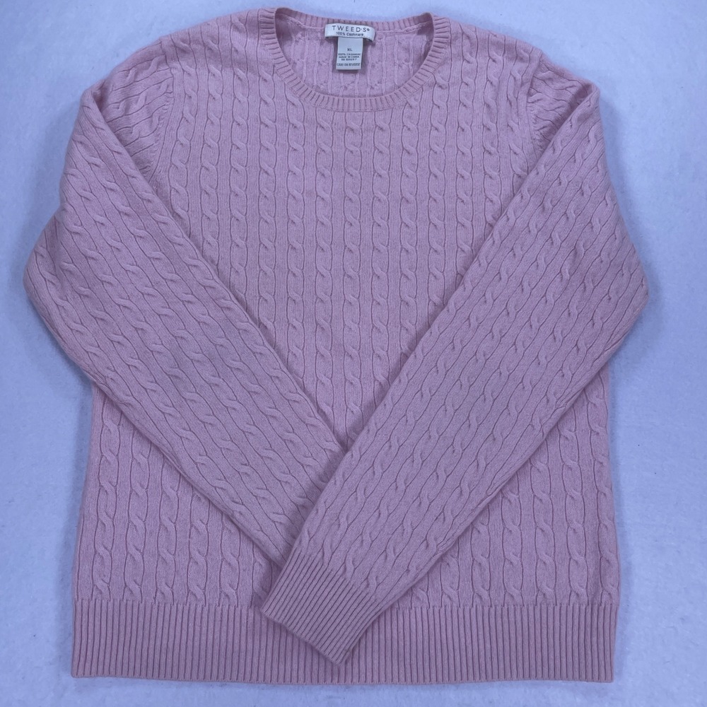 Tweeds Womens XL Pink 100% Cashmere Cable Knit Crew Neck Long Sleeve Sweater